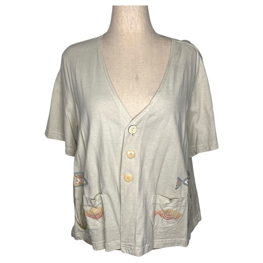 Blue Fish Women's Hand Painted Top 1X Plus Cream Organic Cotton Art To Wear